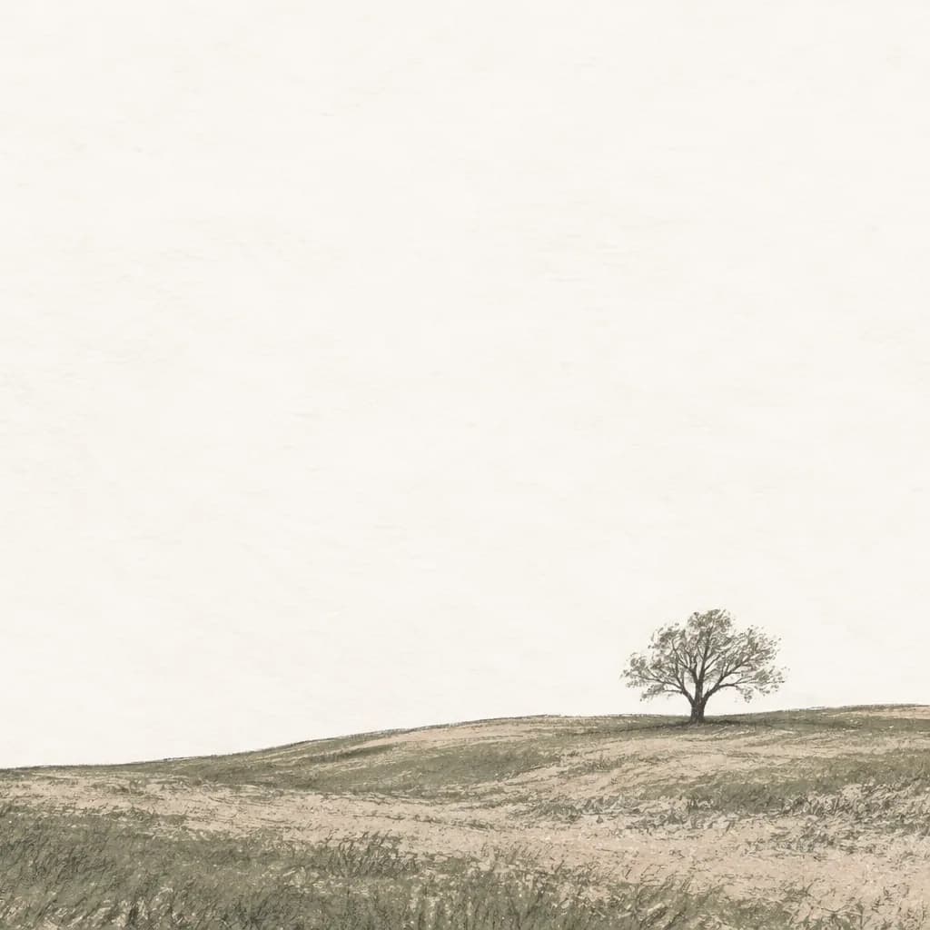 Brand illustration: a quiet field with a single tree under an open sky