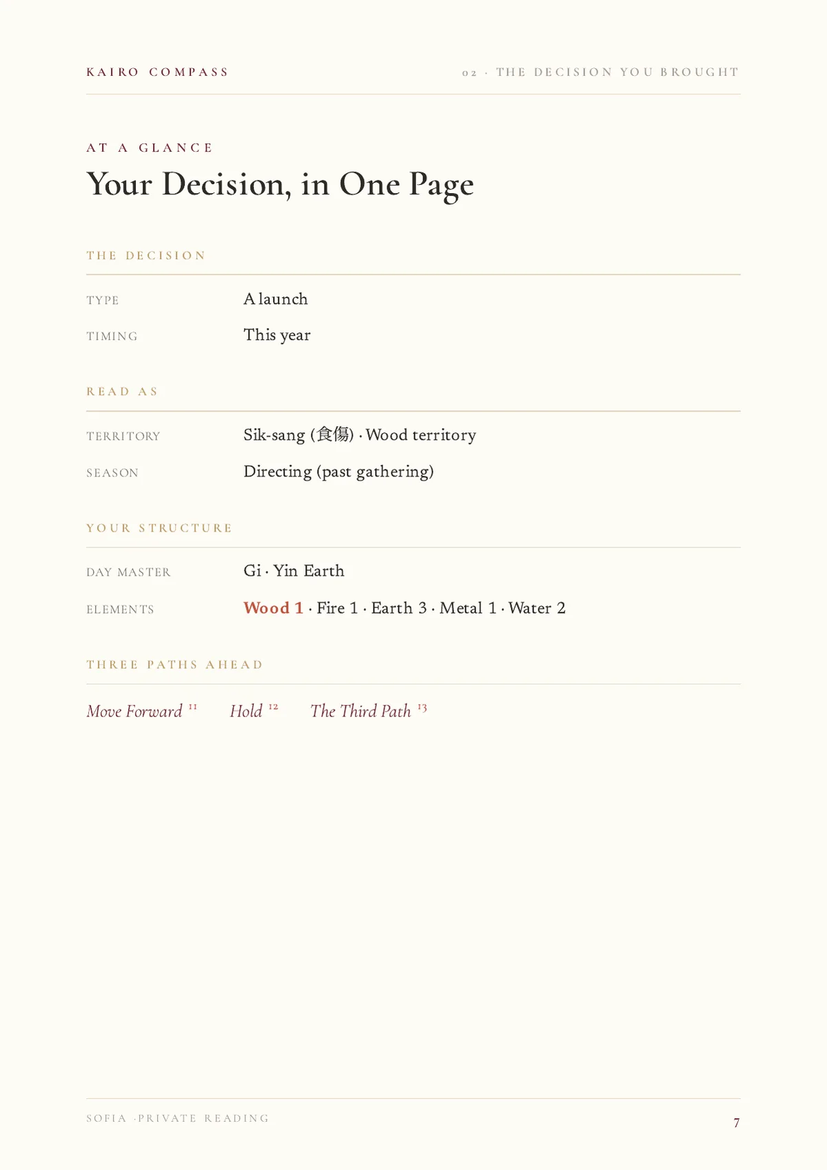 Your Decision, in One Page — the at-a-glance page from Sofia's Compass reading: the decision, how it is read, her structure and the three paths ahead
