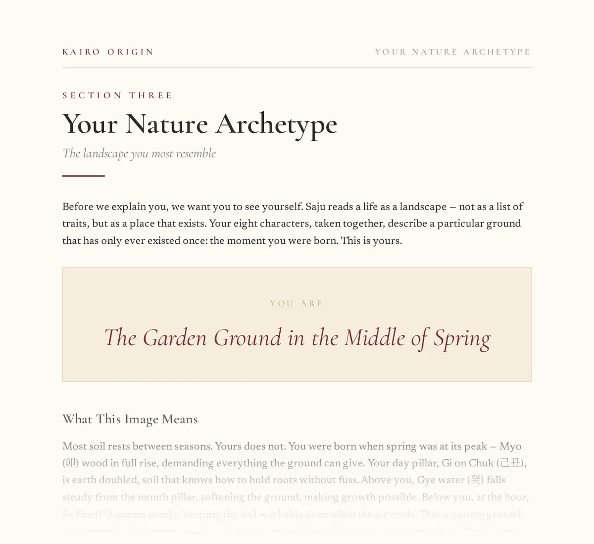 Your Nature Archetype — Sofia's chart resolved into a single landscape: The Garden Ground in the Middle of Spring